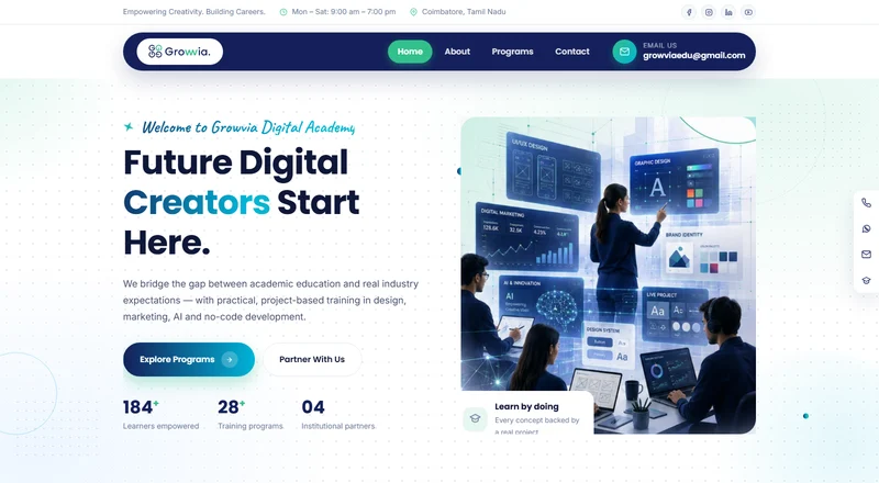Growvia Digital Academy website designed by AS Enterprises