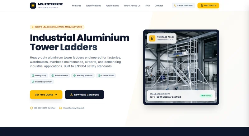 MSJ Enterprise industrial aluminium tower ladders landing page built by AS Enterprises