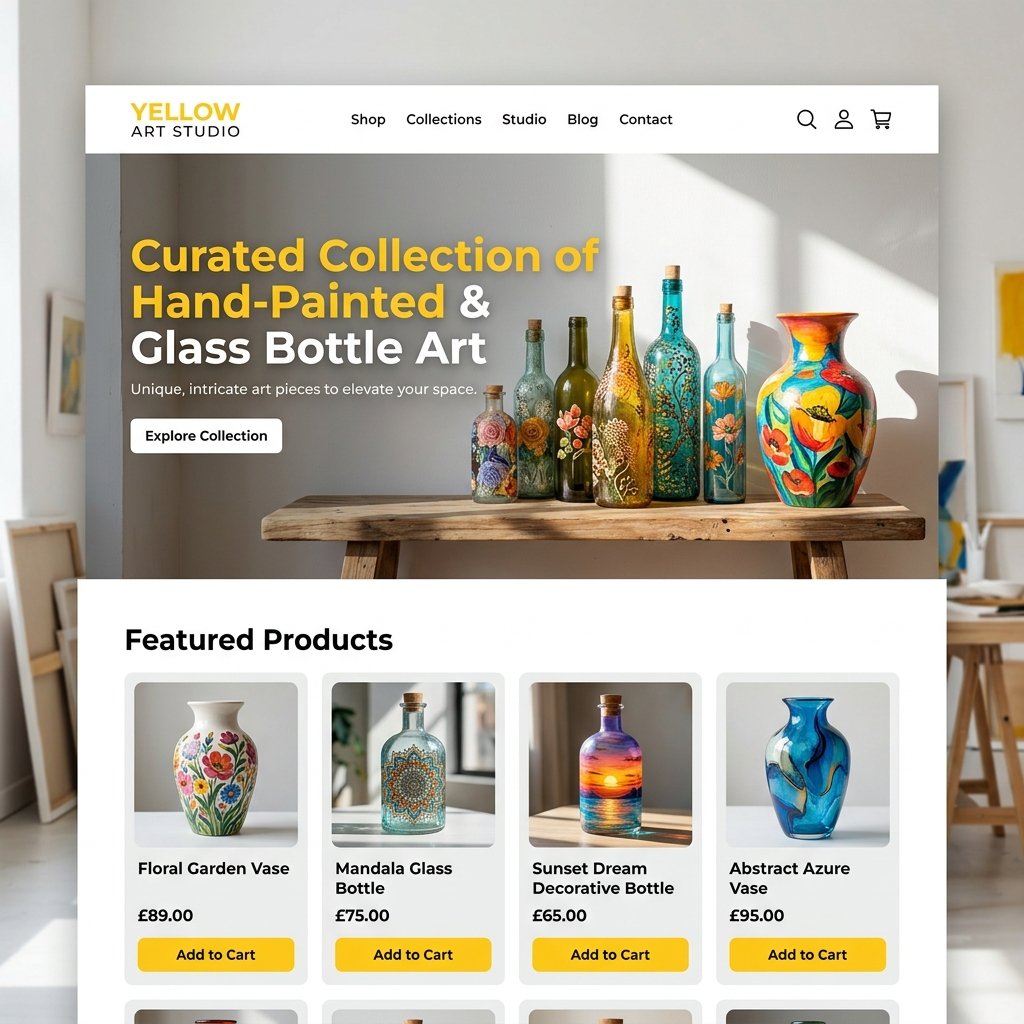 Yellow Art Studio bottle painting website mockup